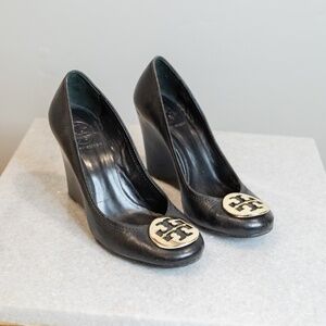 Tory Burch Authentic Black Leather Wedges Size 7